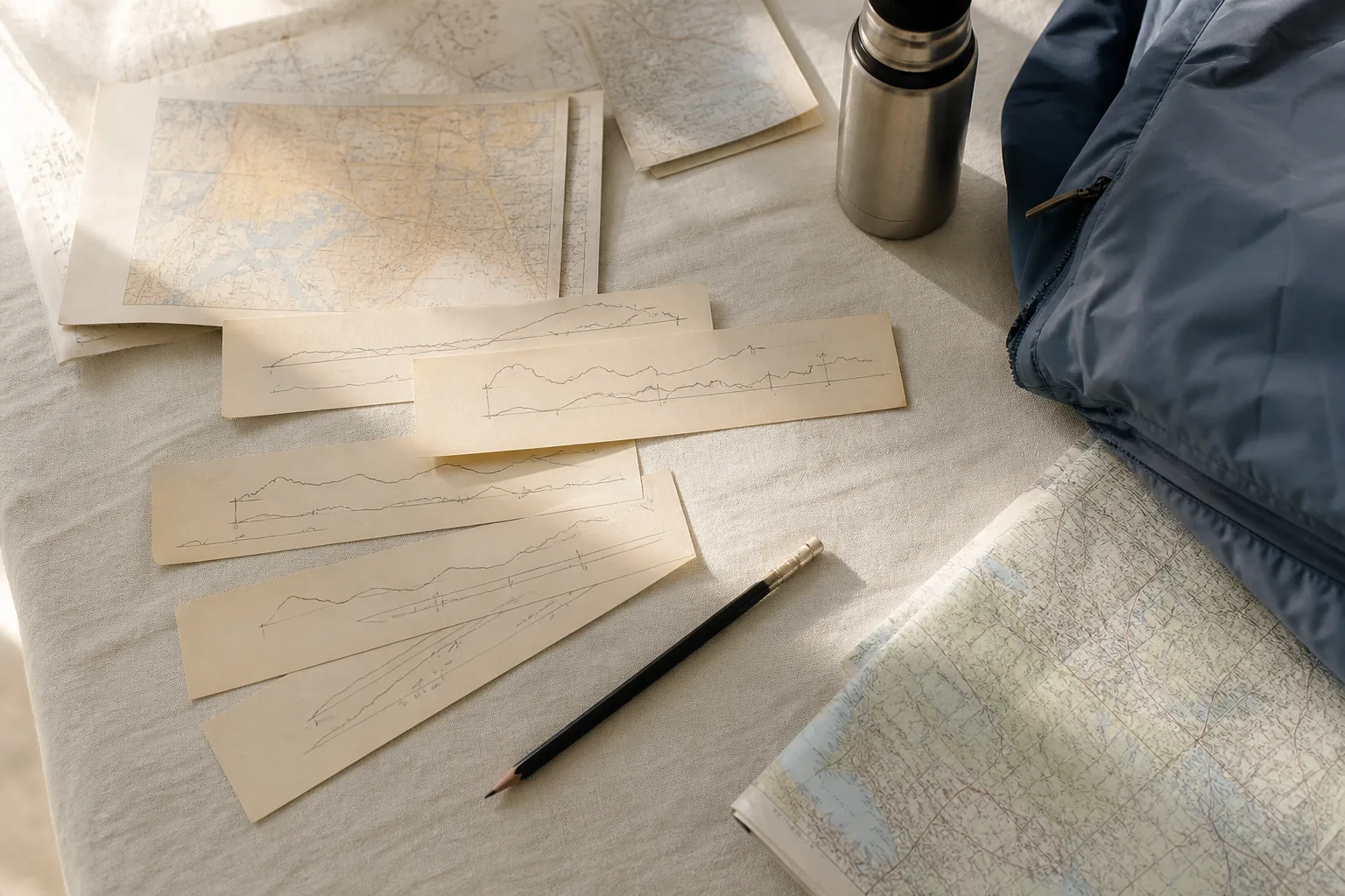 Flat lay of highway route cards on a linen desk, pencil-marked timeline strips, a small thermos, and a folded soft jacket at the edge, soft daylight, 1600x900