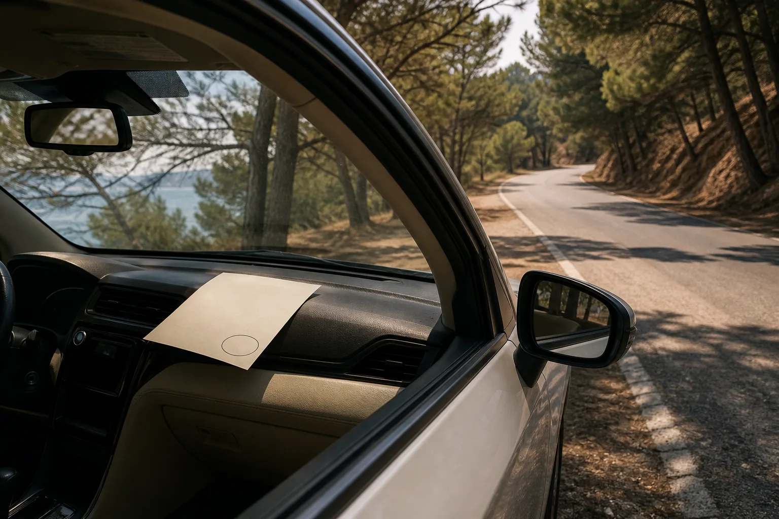 Car parked in a shaded roadside bay with a paper day plan on the dash, unused buffer hour circled in pencil, open window and quiet empty stretch of asphalt ahead, 1200x800