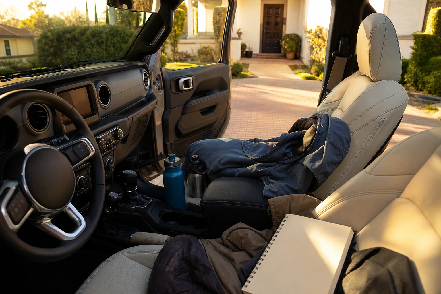 Open car cabin in a residential driveway, water bottles and layered jackets placed within reach, paper checklist on the passenger seat, soft morning light on the dashboard, 1200x800