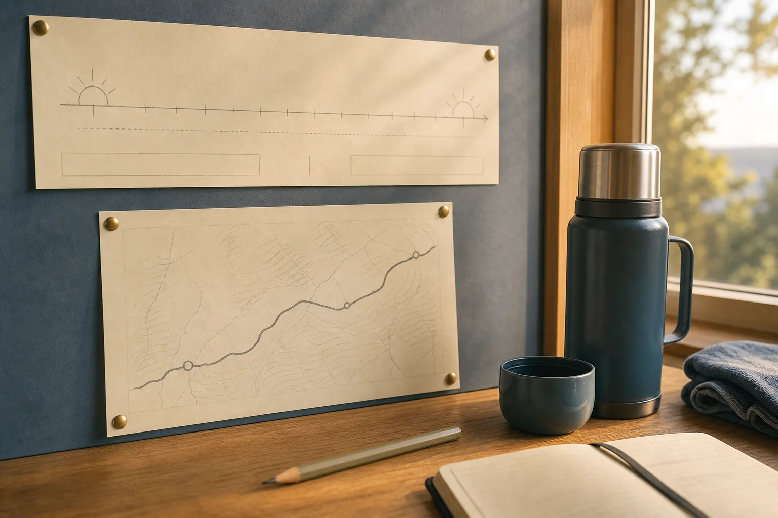 Paper timeline for a first daylight highway run pinned beside a simple route sketch, morning and late-afternoon segments marked, thermos and pencil nearby on a wooden table, 1200x800