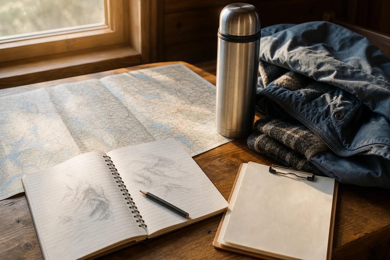 Wooden desk with an open paper highway map, a ruled notebook with pencil marks, a thermos and folded layered jacket beside a small cabin checklist, warm afternoon light from a side window, 1600x900