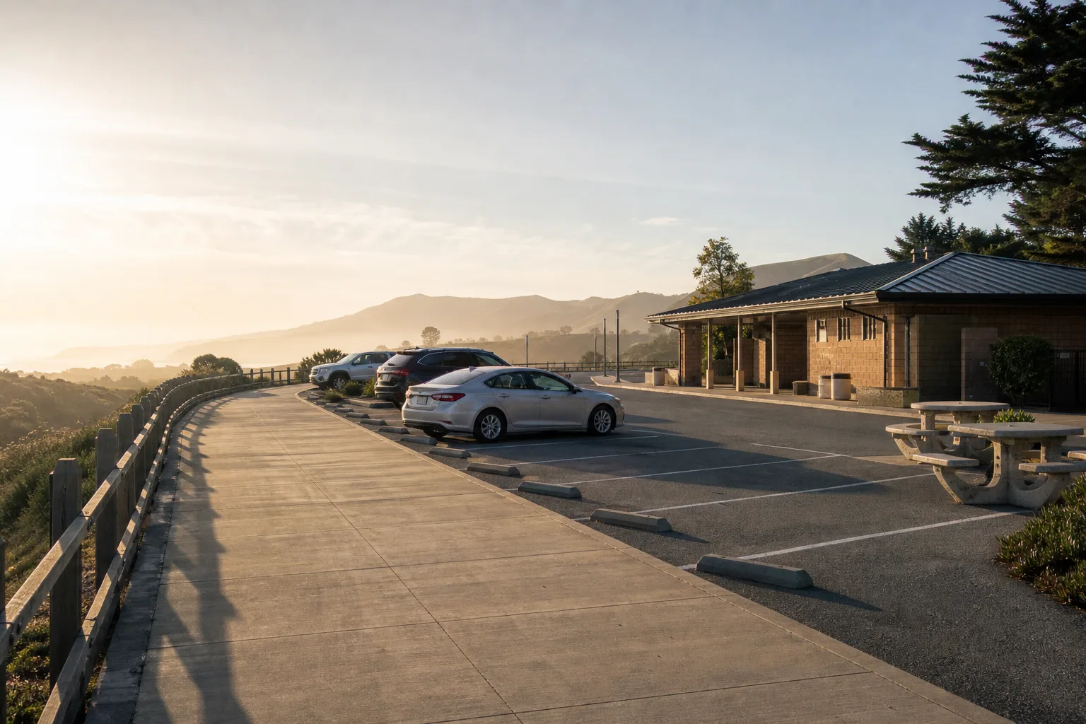 Quiet highway rest area in early morning, angled parking bays with a few cars spaced apart, low brick rest building, picnic tables still in shade, pale sky, empty walking path along a rail, 1600x900