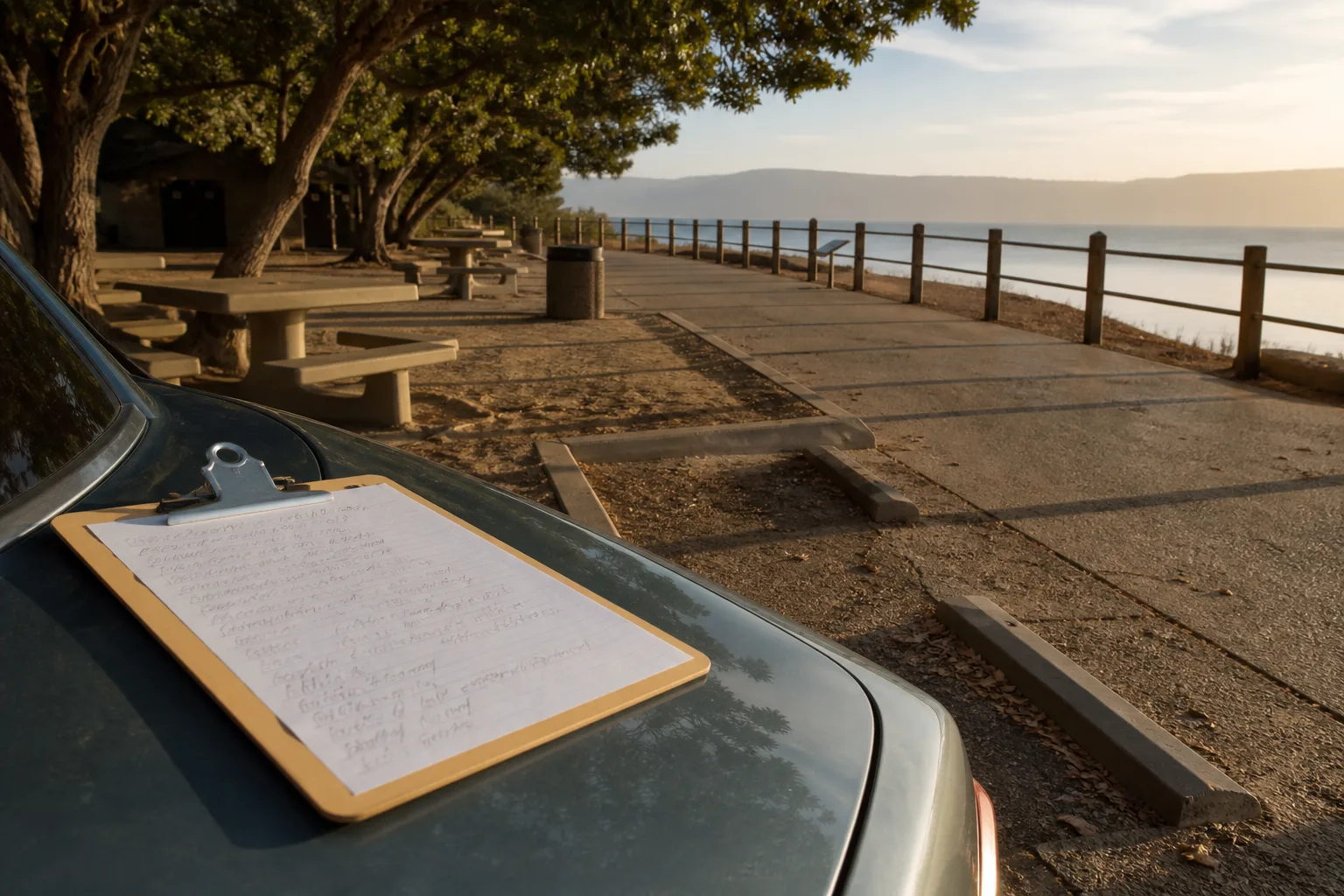 Clipboard with handwritten stop notes resting on a hood near a quiet rest-area bay, picnic tables in soft morning shade, empty walking path along a low rail, pale sky, 1600x900