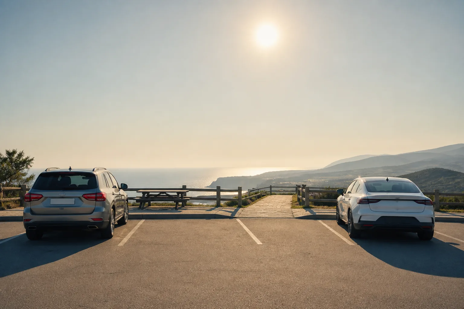 Shared rest-area parking bay beside a short overlook path, two cars spaced with walking room between them, low rail and empty picnic table in soft midday light, 1200x800